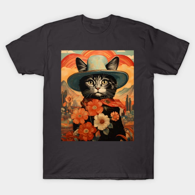 Retro Vintage Cowboy Kitty Cat - Whiskered Wild West Adventure T-Shirt by KittyStampedeCo